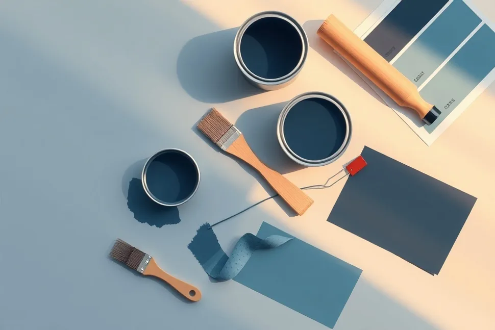 Pots de peinture, nuancier, brosses et rouleaux disposés à plat