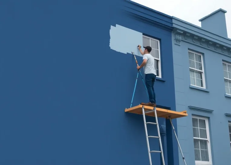 Peintre sur échafaudage traitant la façade d'une maison